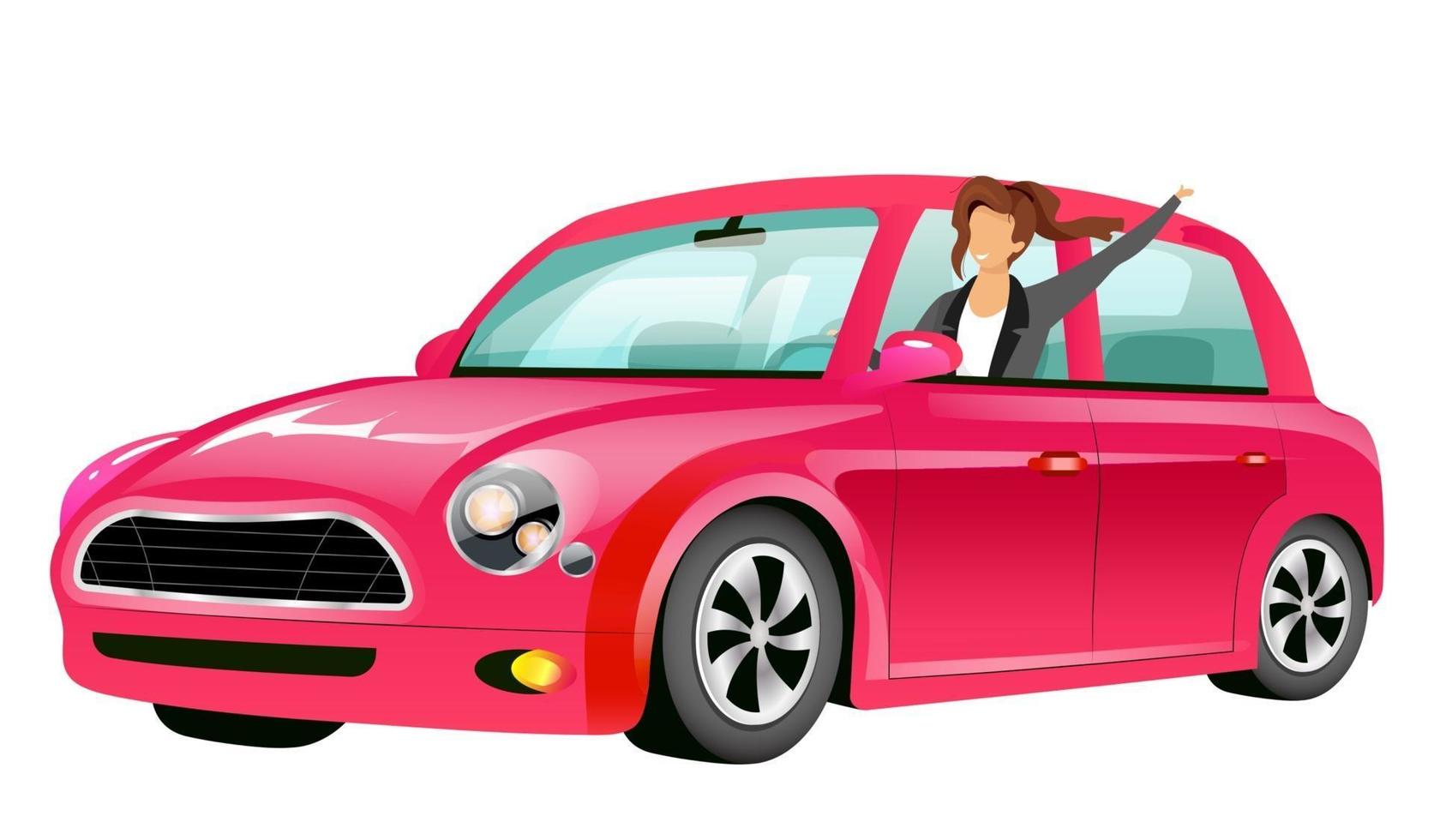 Mädchen fahren rosa Mini Cooper flacher Farbvektor gesichtslosen Charakter. lächelnde junge dame im auto isolierte karikaturillustration für webgrafikdesign und animation. glückliche Frau auf Roadtrip vektor