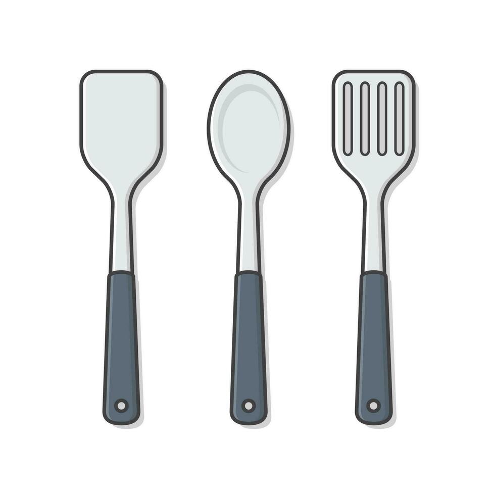 einstellen von rostfrei Stahl Küche Spatel Vektor Symbol Illustration. Küche Utensil zum Kochen