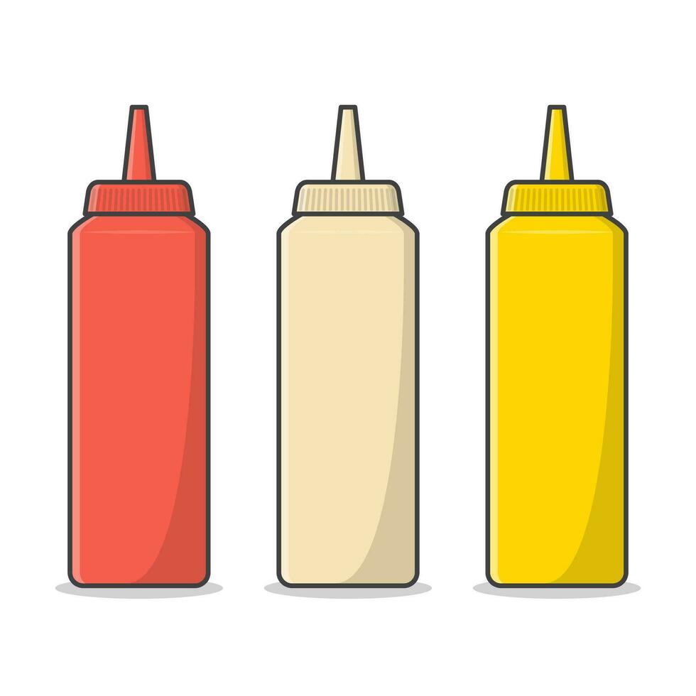 ketchup, majonnäs och senap plast flaska vektor ikon illustration. såser flaska för snabb mat platt ikon