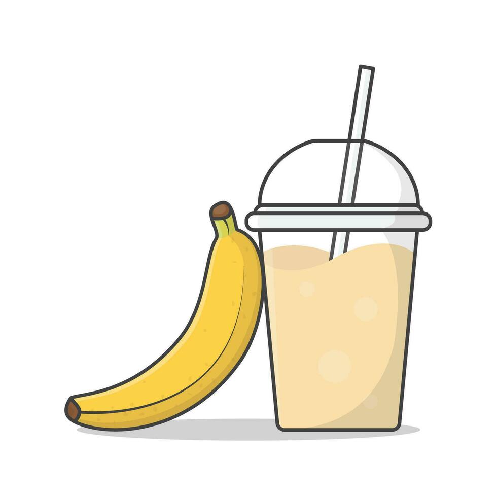 Banane Saft oder Milchshake im wegbringen Plastik Tasse Vektor Symbol Illustration. kalt Getränke im Plastik Tassen mit Eis eben Symbol