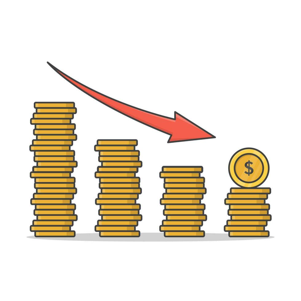finansiell tillväxt begrepp med stackar av gyllene mynt vektor ikon illustration. minskande pålar av mynt platt ikon
