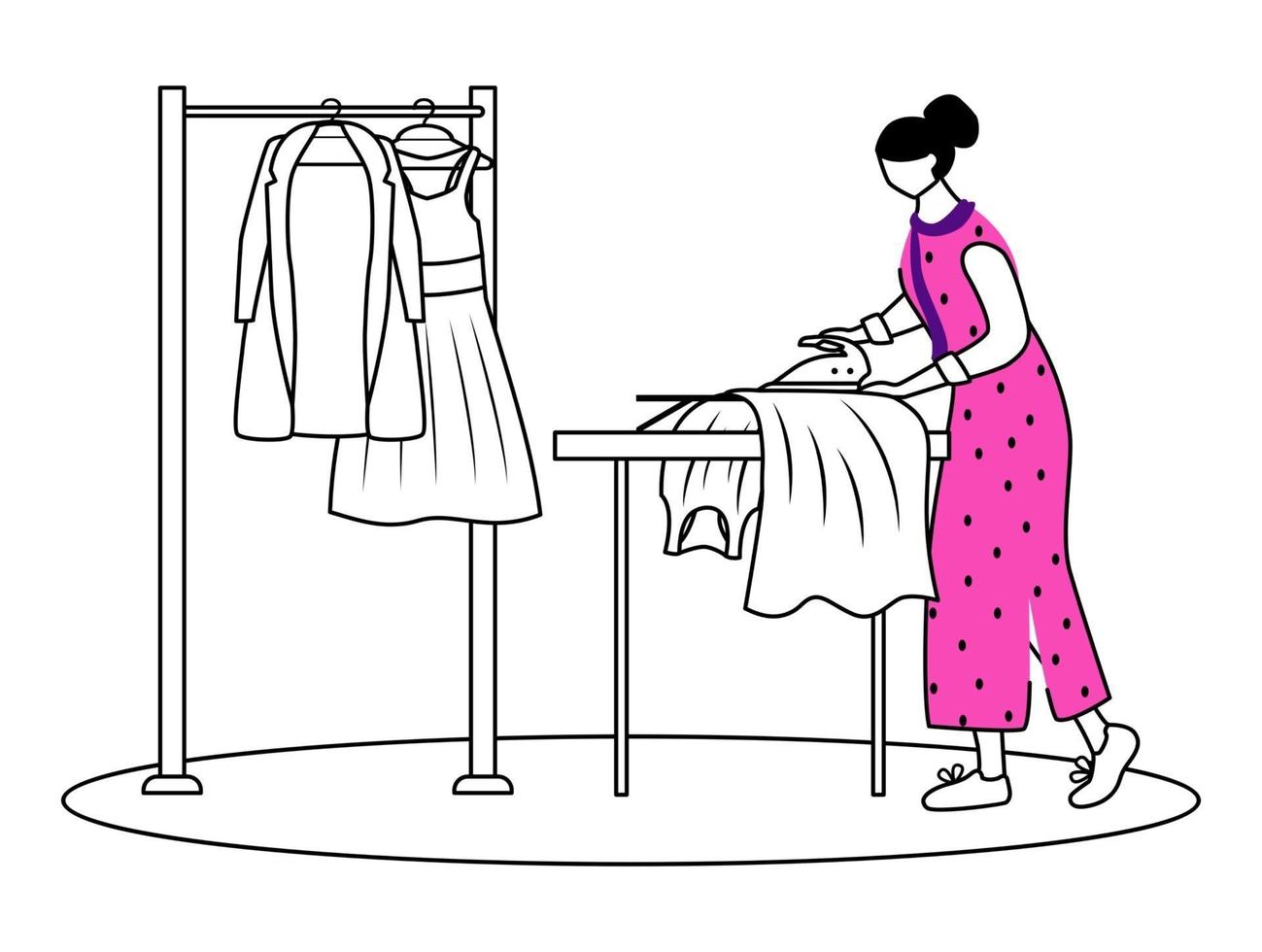 strykning klänningar, jackor platt kontur vektorillustration. förbereder kläder för modevisning. designer assistent isolerade tecknad disposition karaktär på vit bakgrund. kemtvätt enkel ritning vektor