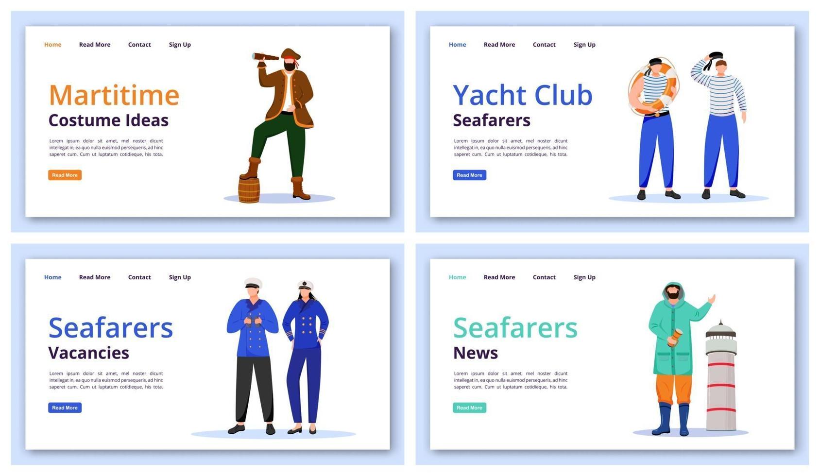 maritim karaktär målsida vektor mallar set. marina kostymer webbplats gränssnittsidé, platta illustrationer. yacht club idéer hemsidans layout. sjömän nyheter webb banner, webbsida tecknad koncept