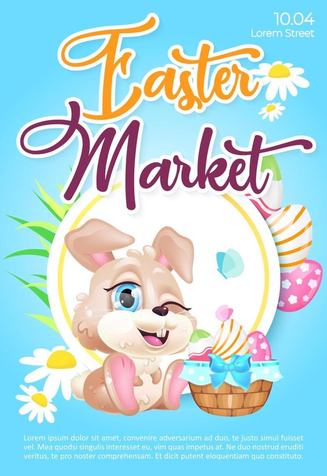 ostermarktplakat flache vektorschablone. pascha fair. Broschüre, Broschüre einseitiges Konzeptdesign mit Hase und Eierkorb kawaii Zeichentrickfiguren. Frühlingsfeier-Flyer, Broschüre vektor