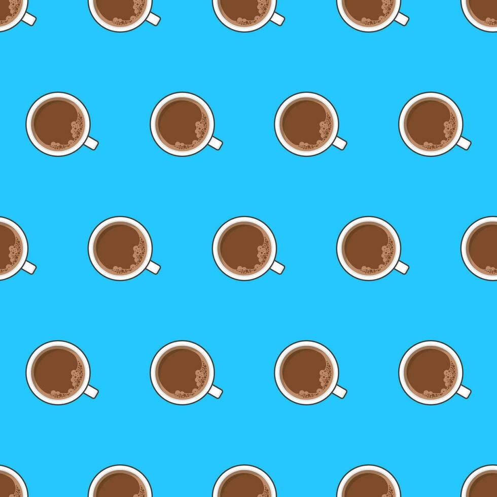 Tasse von Kaffee nahtlos Muster auf ein Blau Hintergrund. Kaffee oben Aussicht Thema Vektor Illustration