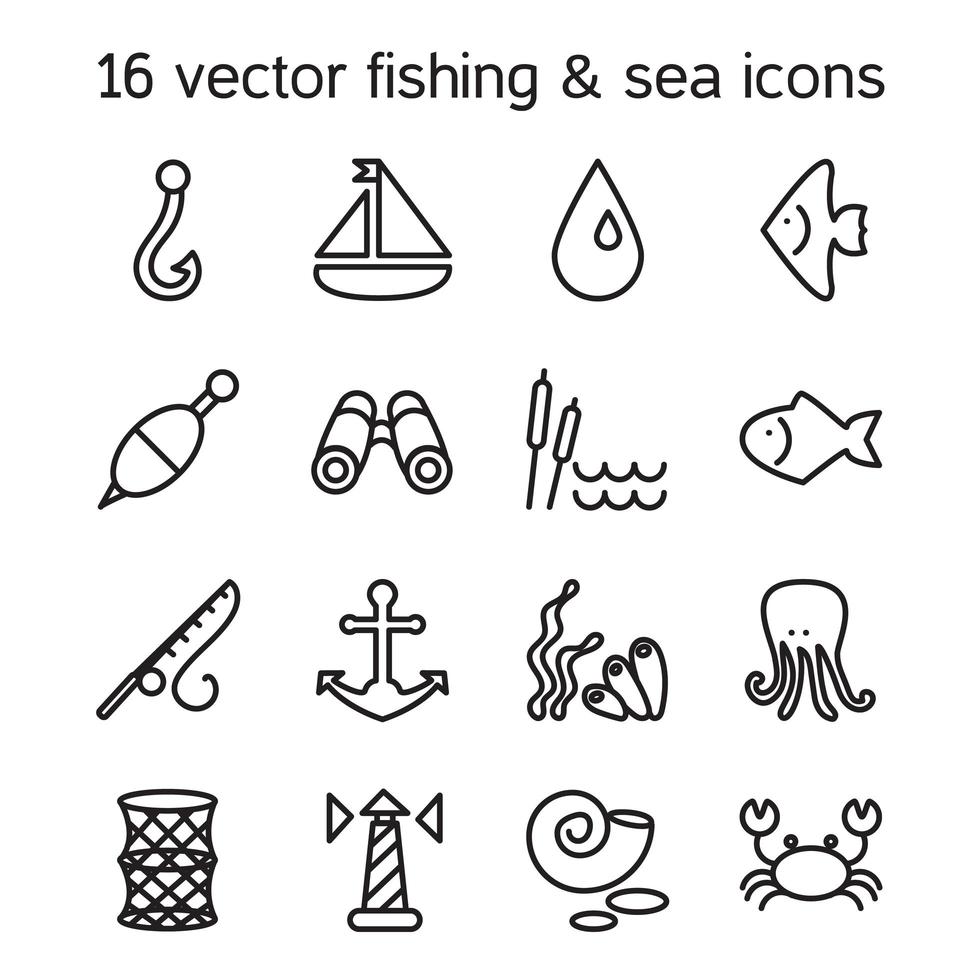 isolerade marina och fiske ikoner set vektor