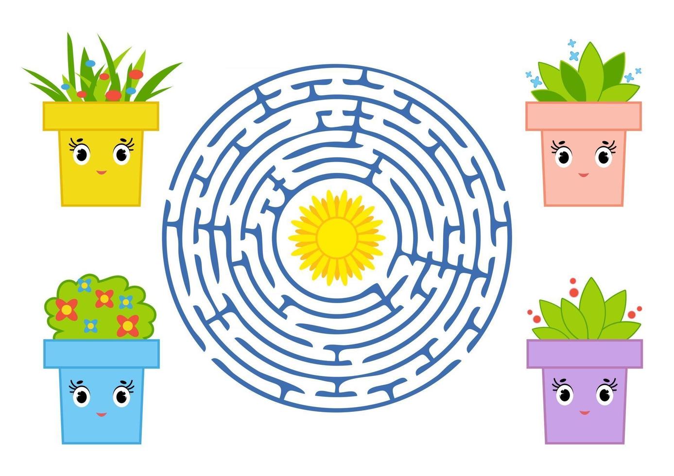 Rundes Labyrinth mit Zeichentrickfiguren. süßer Blumentopf. ein interessantes und sich entwickelndes Spiel für Kinder. einfache flache isolierte Vektorillustration vektor