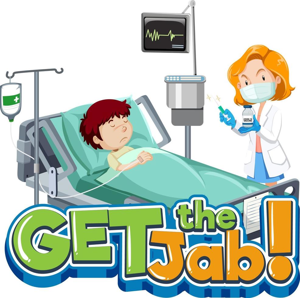 Holen Sie sich das Jab-Font-Banner mit der Zeichentrickfigur von Patient und Arzt doctor vektor