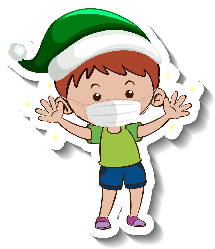 en klistermärkesmall med en pojke som bär mask i jultema vektor