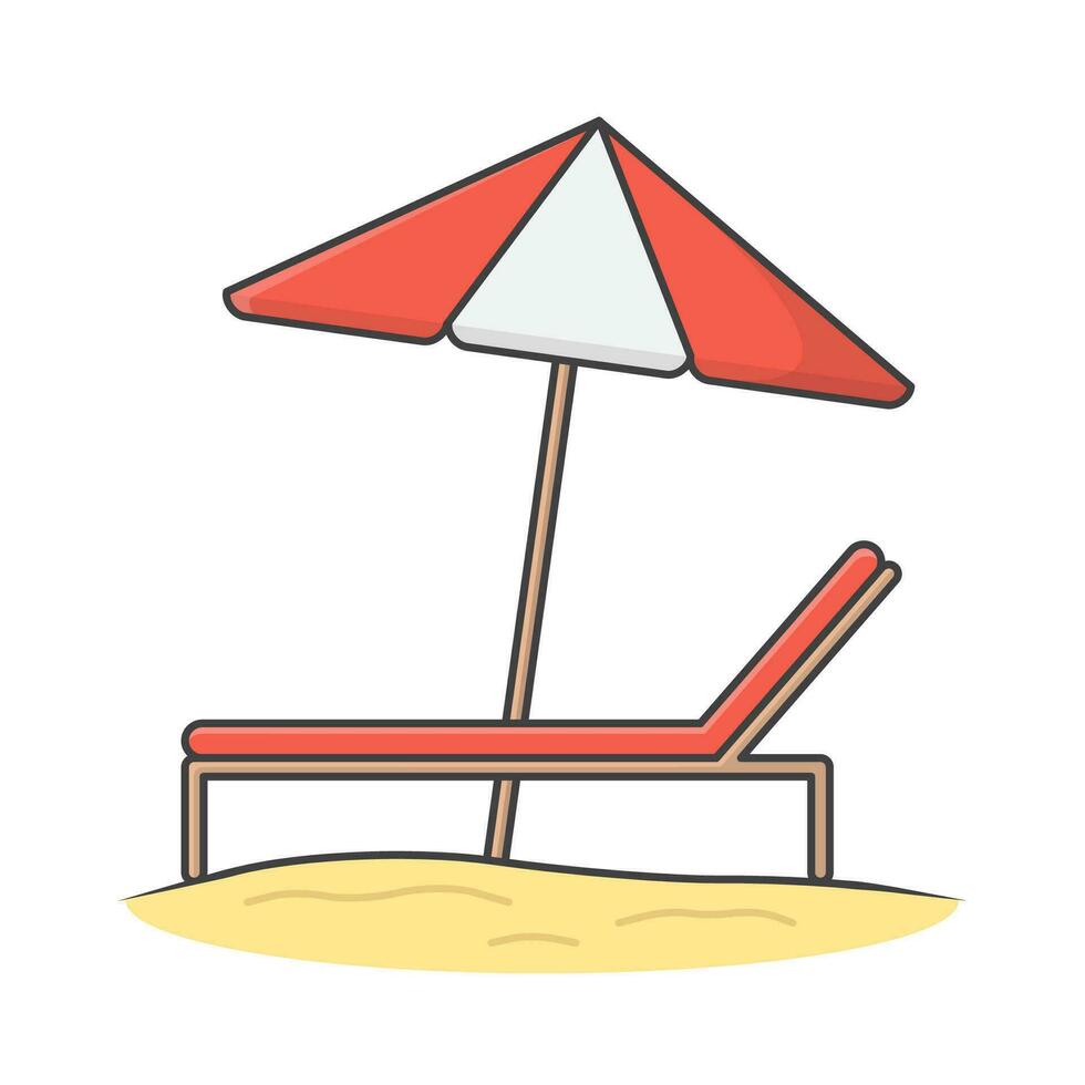 Chaise Salon und Regenschirm Vektor Symbol Illustration. Ferien und Reise Konzept. Sommer- Sonne Bett eben Symbol