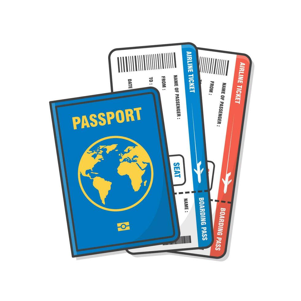 Reisepass mit Flugzeug Tickets Vektor Symbol Illustration. Urlaub und Berufung Konzept eben Symbol