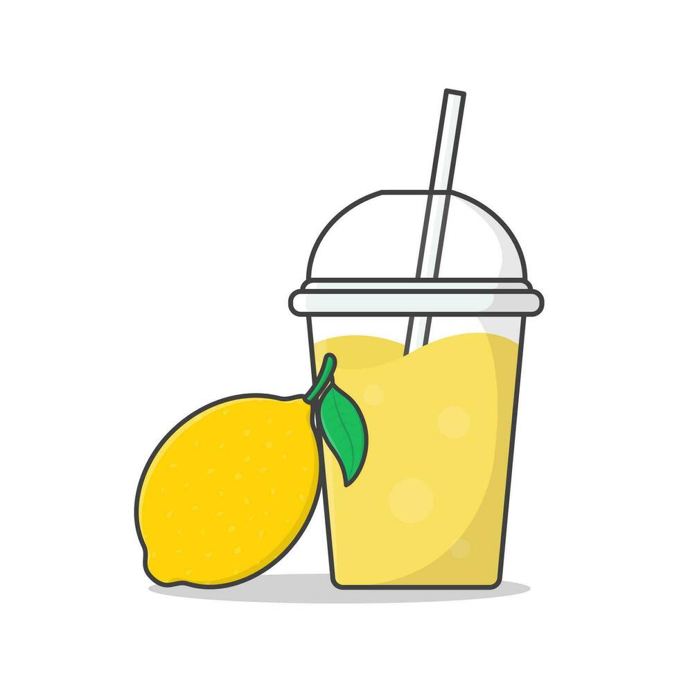 citron- juice eller milkshake i hämtmat plast kopp vektor ikon illustration. kall drycker i plast koppar med is platt ikon