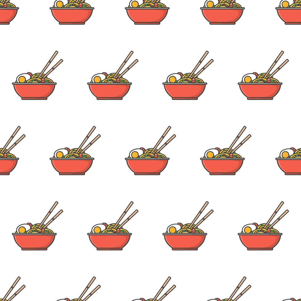 Schüssel von Ramen Nudeln nahtlos Muster auf ein Weiß Hintergrund. orientalisch Nudel Essen Thema Vektor Illustration