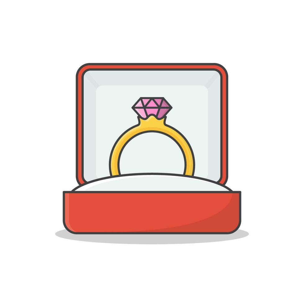 Diamant Engagement Ring im Box Vektor Symbol Illustration. Hochzeit golden Ring im ein Geschenk Box eben Symbol