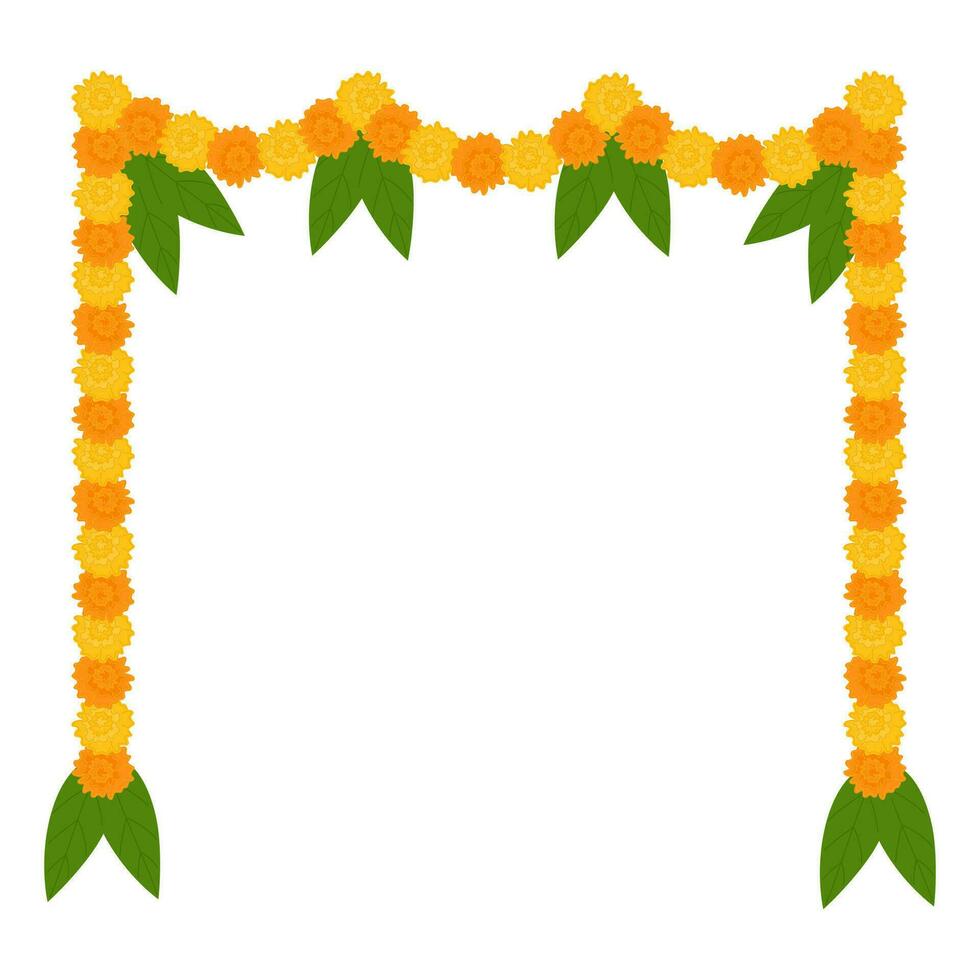 Traditionelle indische Blumengirlande mit Ringelblumenblüten und Mangoblättern. Dekoration für indische hinduistische Feiertage. Vektor-Illustration isoliert auf weißem Hintergrund. vektor