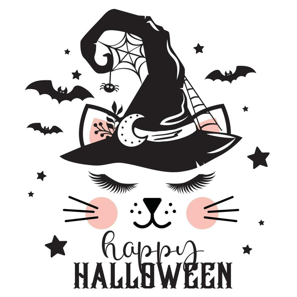 Lycklig halloween vektor illustration. söt katt ansikte i häxa hatt med fladdermöss, stjärnor och Spindel. flickor halloween design isolerat.