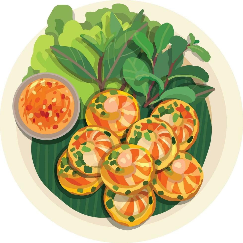 Banh khot Mini Vietnamesisch Bohnenkraut Pfannkuchen. oben Aussicht Vietnamesisch Essen Illustration Vektor. vektor