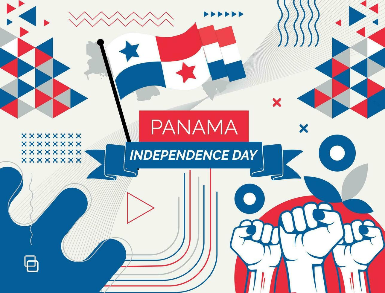 Panama Karte und angehoben Fäuste. National Tag oder Unabhängigkeit Tag Design zum Panama Feier. modern retro Design mit abstrakt Symbole. Vektor Illustration.