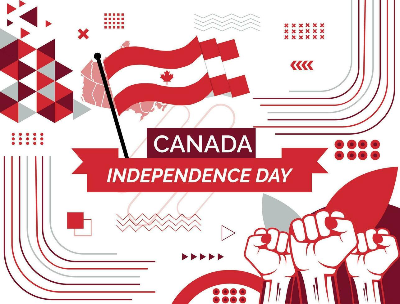 Kanada Karte und angehoben Fäuste. National Tag oder Unabhängigkeit Tag Design zum Kanada Feier. modern retro Design mit abstrakt Symbole. Vektor Illustration.