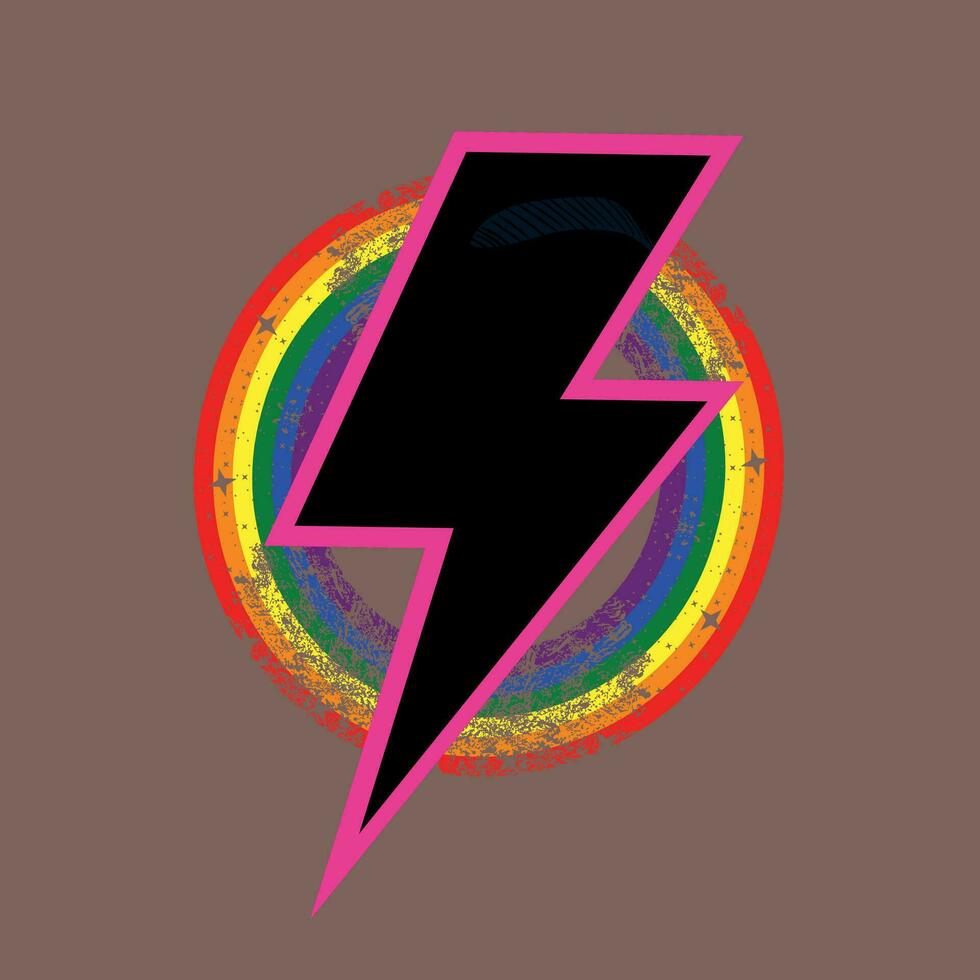 schwarz Blitz Symbol T-Shirt Design auf kreisförmig Regenbogen auf braun hintergrund.vektor Illustration zum schwarz Geschichte Monat, vektor