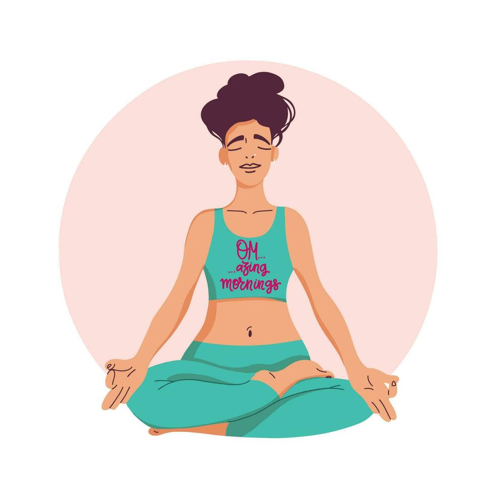 ung kvinna med en slogan om... mazing morgnar Sammanträde i yoga lotus utgör isolerat på de runda bakgrund. mediterar flicka illustration. yoga kvinna, meditation, anti-stress människor. vektor
