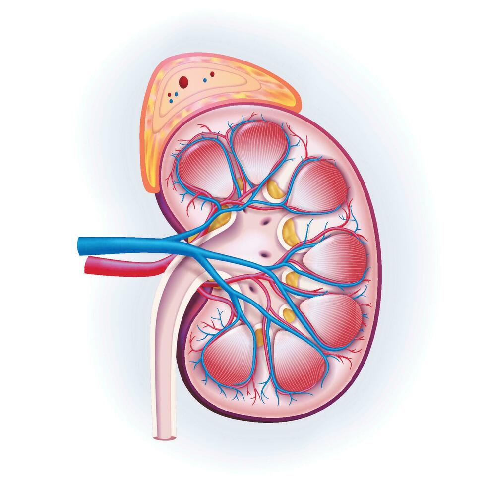 3d illustration, tvärsnitt av mänsklig njure och binjur körtlar Begagnade i medicin, vetenskap, utbildning, industri och handel. vektor