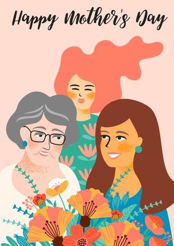 Glad mors dag. Vektor illustration med kvinnor och blommor.