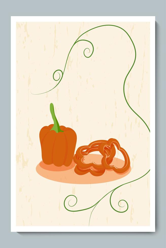 Paprika und orange Paprika in Scheiben geschnittene Ringe Poster. minimalistisches Gemüse mit Stücken und Texturhintergrund. vektor