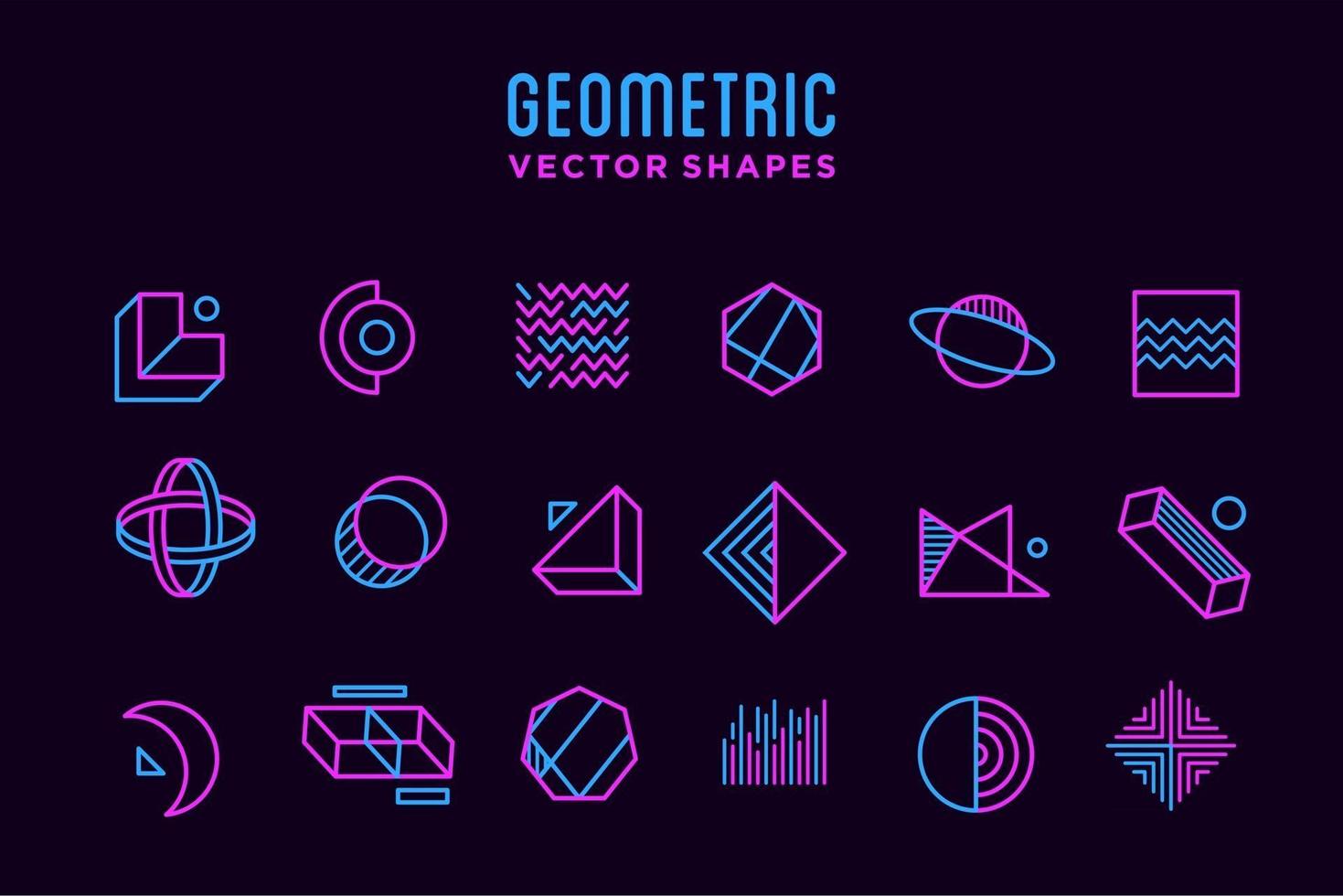 Satz von neonvioletten und rosa abstrakten geometrischen Formsymbolen mit Designelementen, Vorlage für Ihr Projekt, Werbung, Werbebanner, Poster und Animation vektor