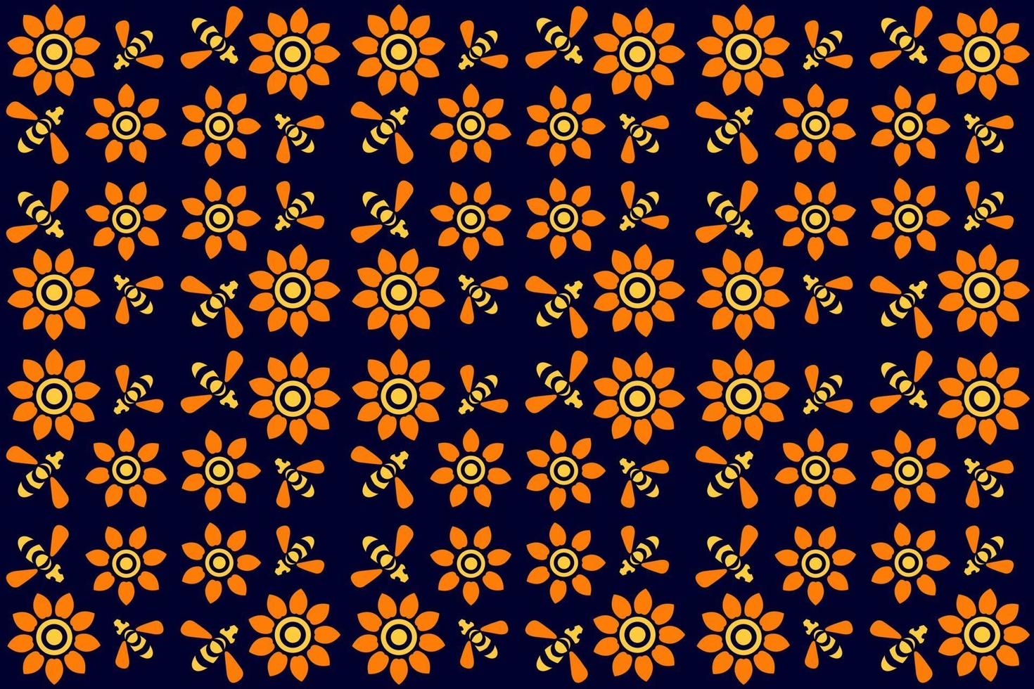 blommor och bin mönster, sömlösa blommönster med flygande bin, gula orange blommor på blå bakgrund, textilmönster, vintage, retrostil, vektor