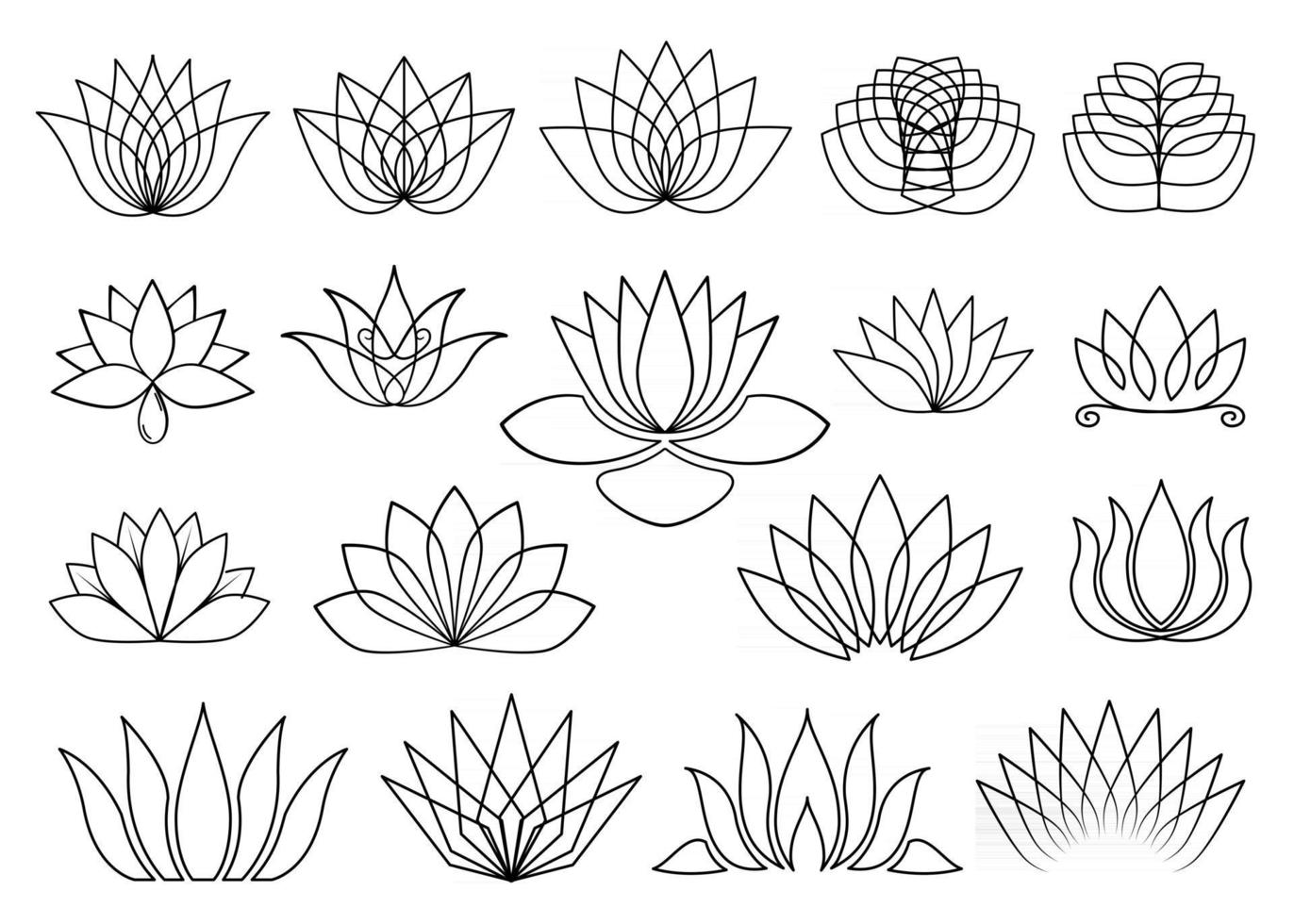 Vektor-Lotus-Illustration-Sammlung. Satz von Lotusblüten mit schwarzem Umriss. für Spa, Schönheitssalon-Logo, Zeichen. floral set Strichzeichnungen isoliert auf weißem Hintergrund. vektor