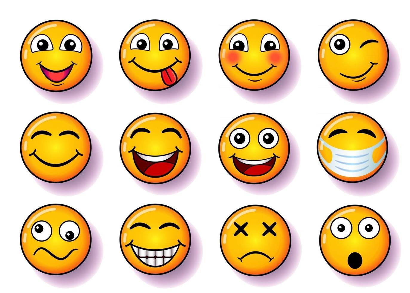 Satz Lächeln, Vektorsammlung lächelnder Gesichter in gelber Farbe, mit rosa Schatten und Farbverlauf, lustige Gesichter Illustration für soziale Medien, für Ihr Design vektor