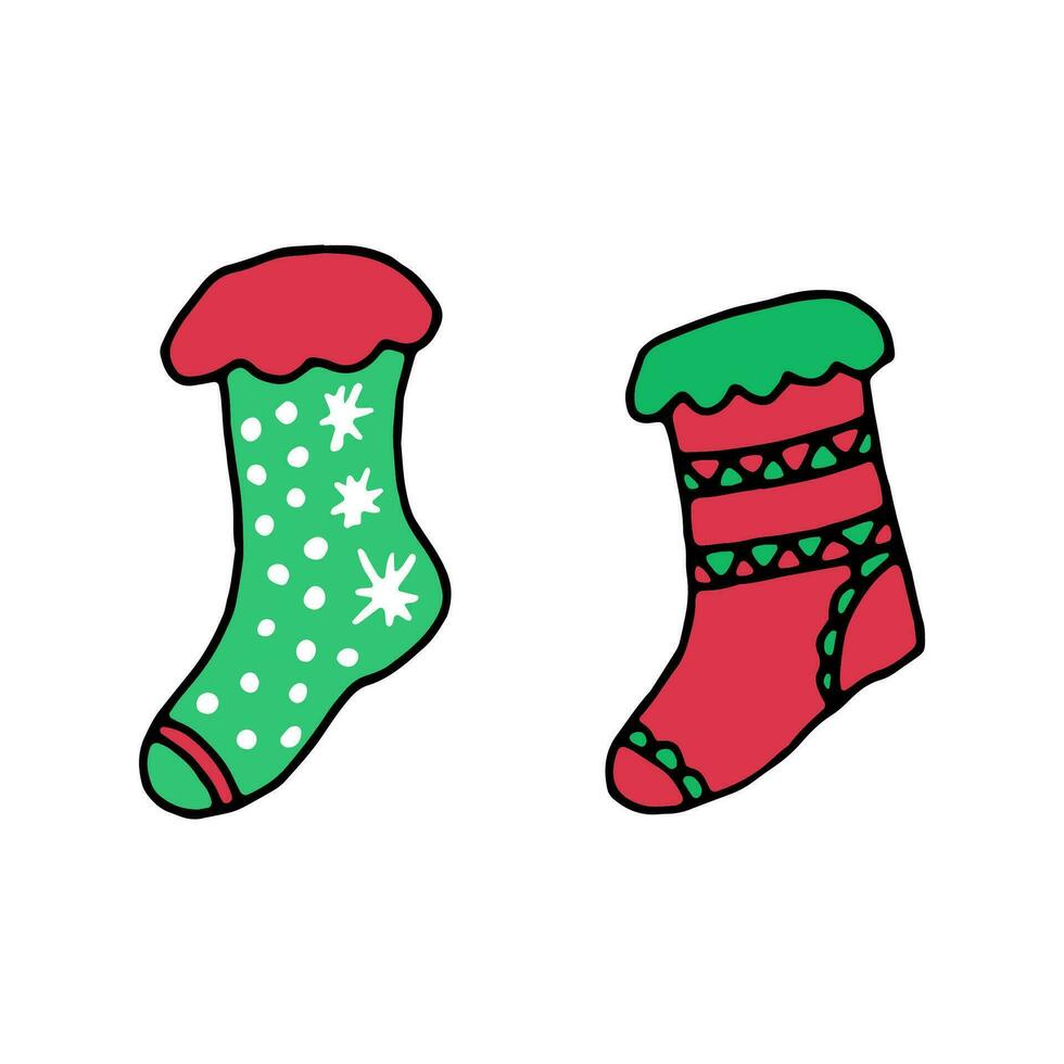 Weihnachten farbig traditionell Socken zum Geschenke. Vektor Gekritzel Karikatur Illustration zum Karten, Netz Design, Flyer, Einladungen