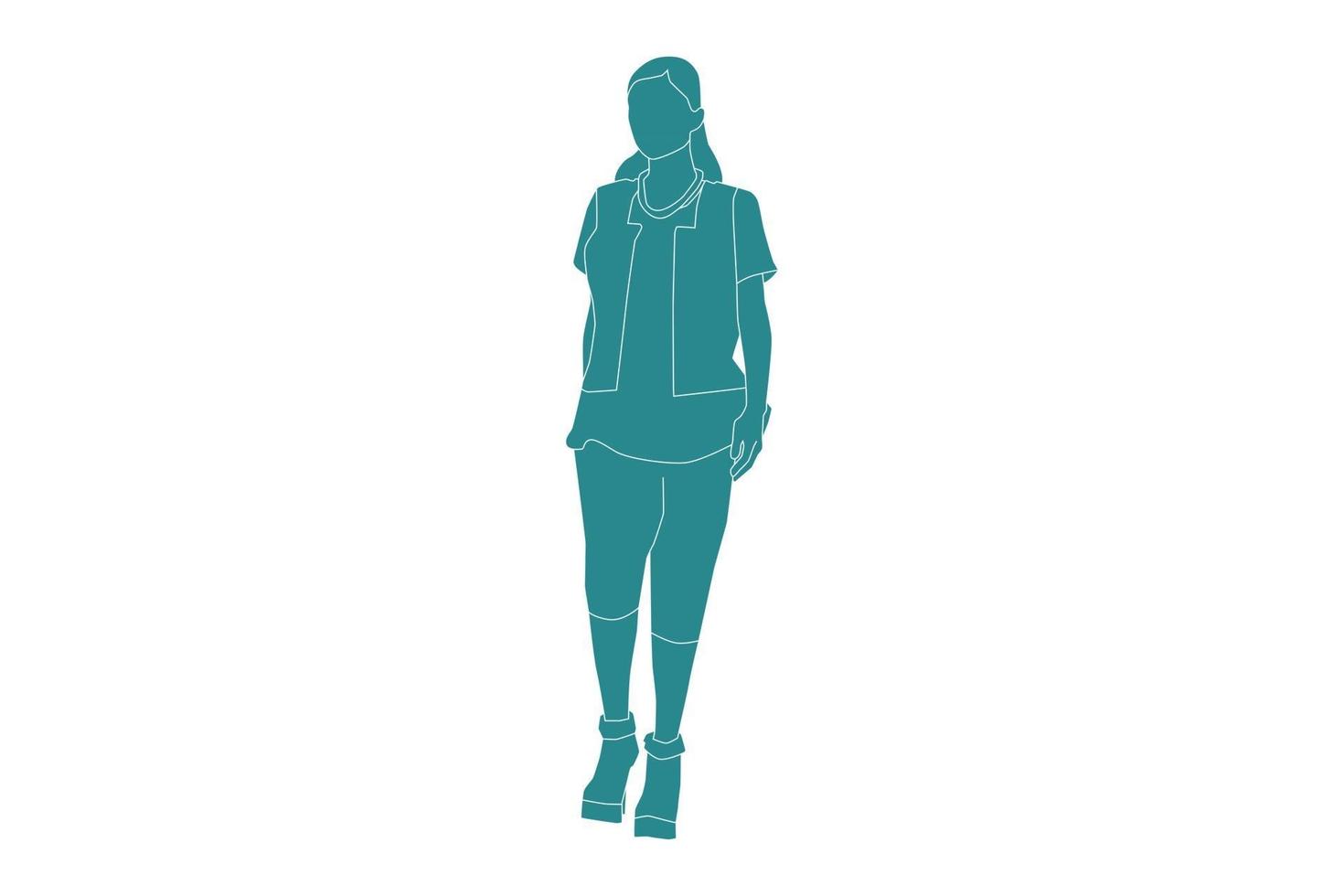 Vektor-Illustration der modischen Frau, die auf der Nebenstraße geht, flacher Stil mit Umriss vektor