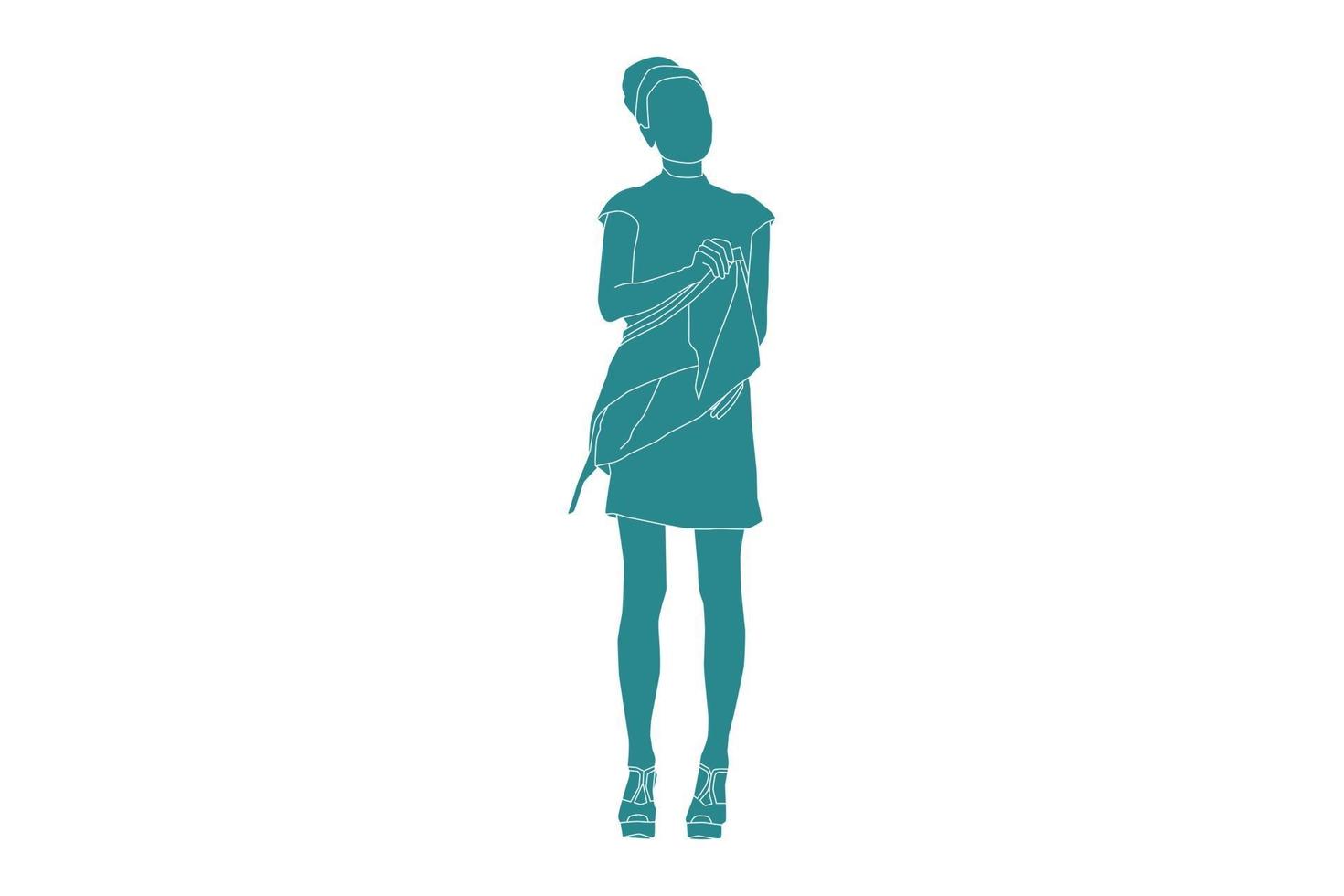 vektor illustration av elegant kvinna poserar i klänning, platt stil med disposition