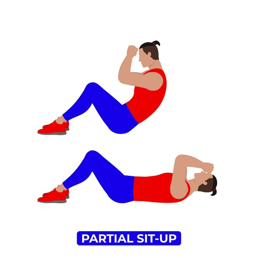 Vektor Mann tun teilweise sitzen hoch. Körpergewicht Fitness Abs und Ader trainieren Übung. ein lehrreich Illustration auf ein Weiß Hintergrund.