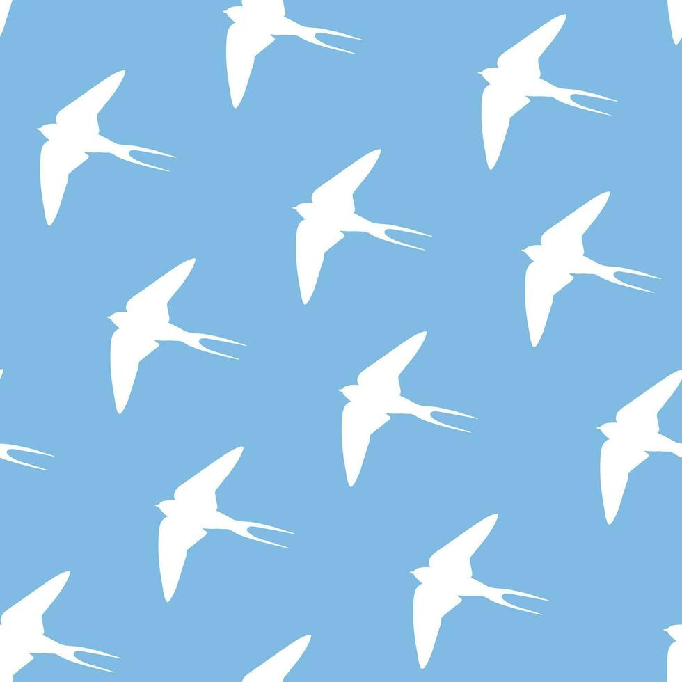 Martin fågel silhuett sömlös mönster. vit sväljer silhuett på blå himmel prydnad. vektor illustration