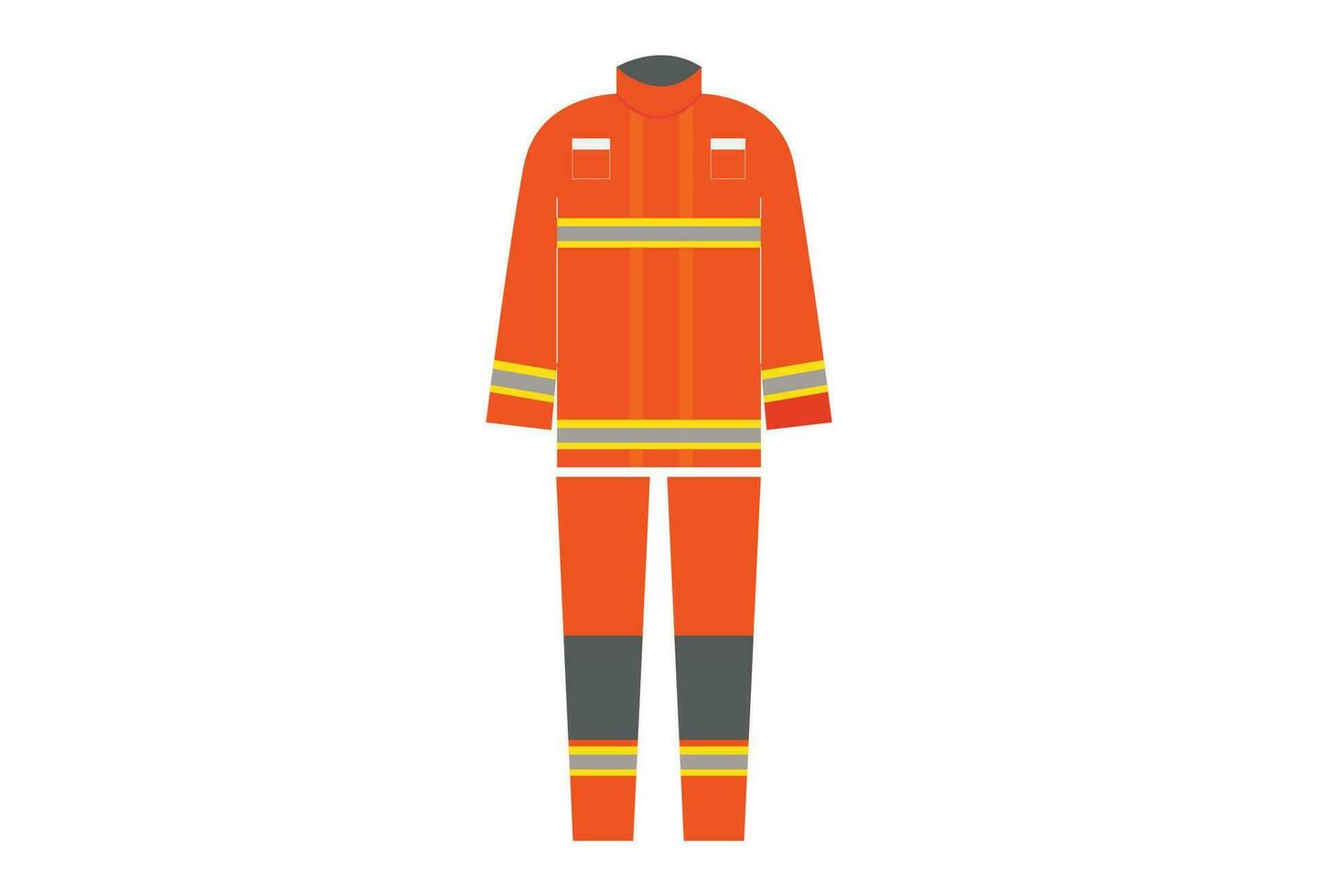 Feuerwehrmann Uniform, typischerweise besteht von ein Schwerlast Mantel und Hose gemacht von Feuerresistent Materialien eine solche wie Nomex, mit reflektierend Streifen zum Sichtweite. das Uniform kann ebenfalls umfassen ein Helm vektor