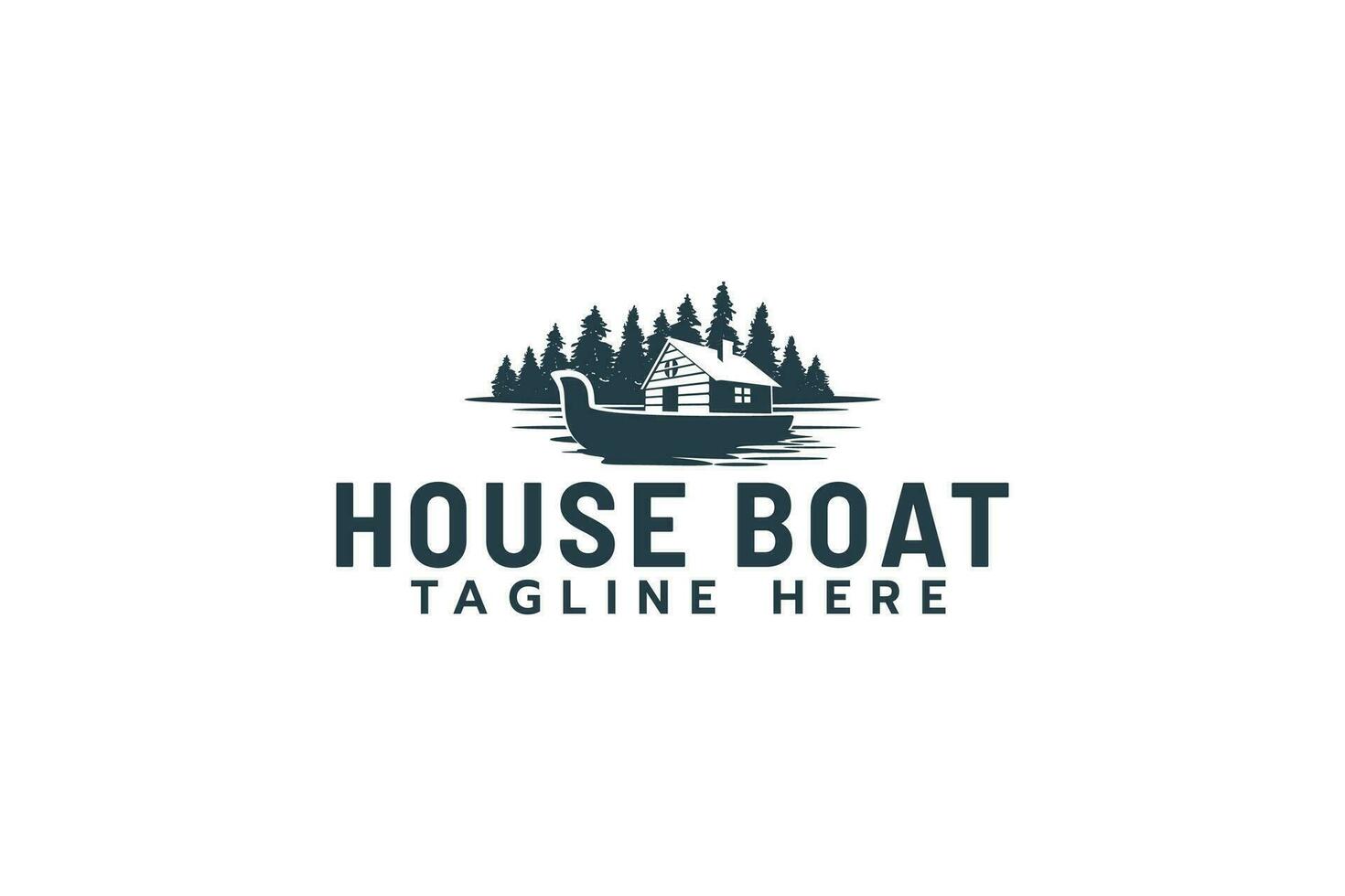 Hausboot Logo mit ein Kombination von ein Hausboot, Kiefer, und See Gewässer. vektor
