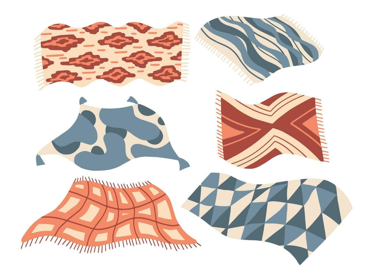 Decken und Tischdecken für ein Picknick. Teppiche und Handtücher aus Stoff für das Schlafzimmer vektor