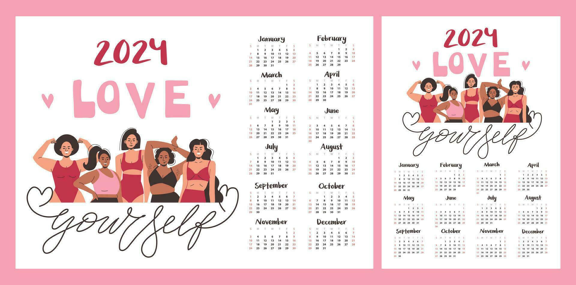 kalender layout för 2024. en mängd av skön flickor. kvinnor för feminism och kropp positivitet. mall för utskrift vektor
