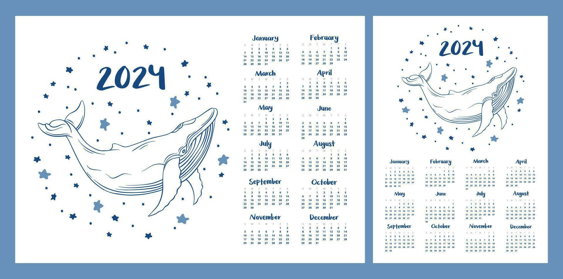 Kalender Layout zum 2024. ein Wal im das Stil von Linie Kunst . horizontal und Vertikale Drucken Vorlage vektor