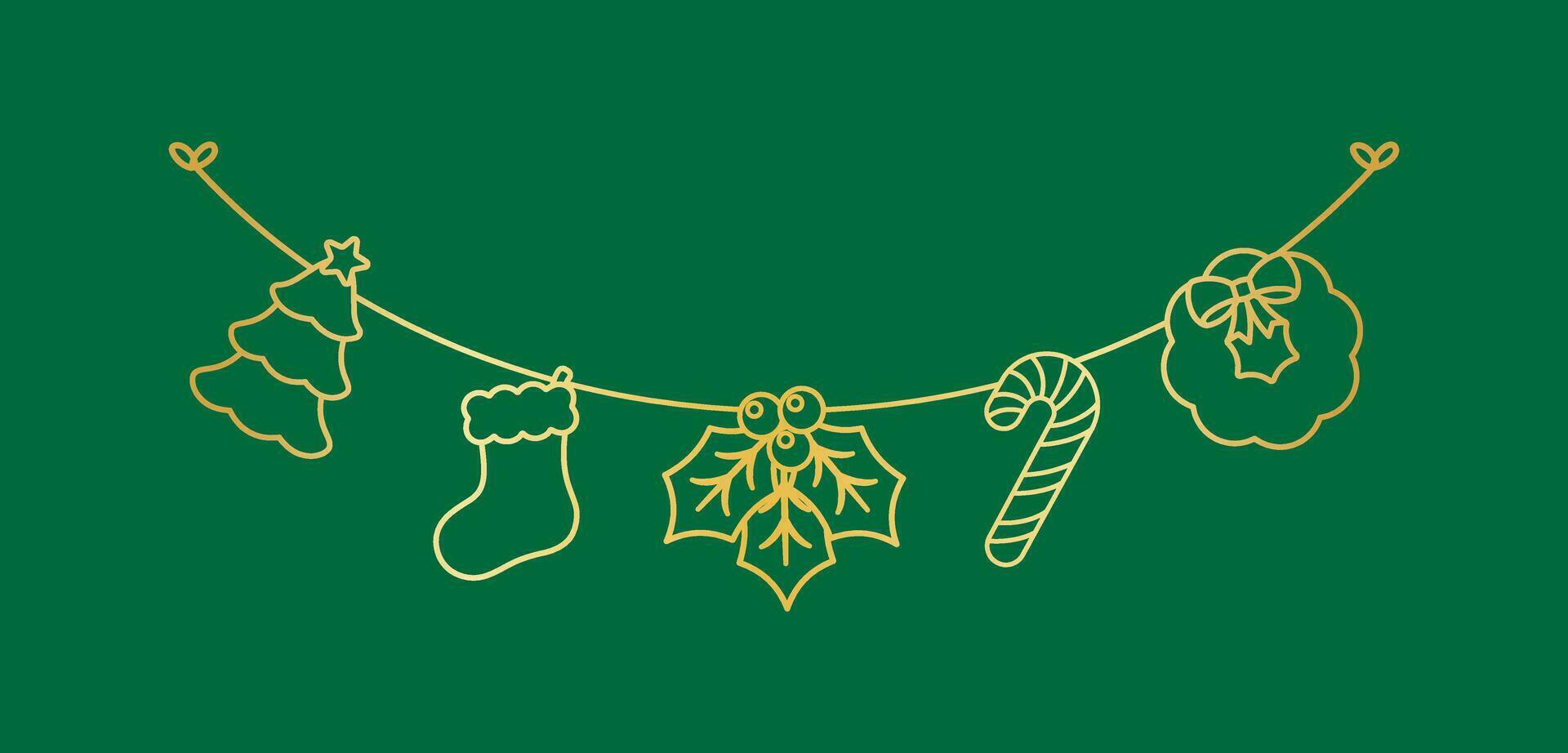Gold Weihnachten Girlande Gliederung Gekritzel Vektor Illustration, Weihnachten Grafik zum Kinder, festlich Winter Urlaub Jahreszeit Ammer