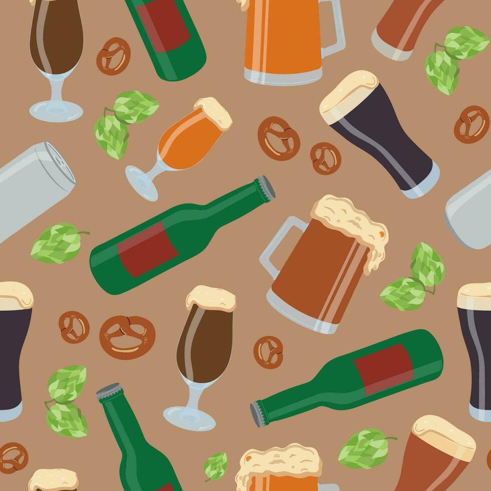 mönster av öl Produkter, öl i en flaska, burk, mugg. hopp kottar. dag av öl, festival, Semester. oktober. vektor illustration, sömlös mönster.