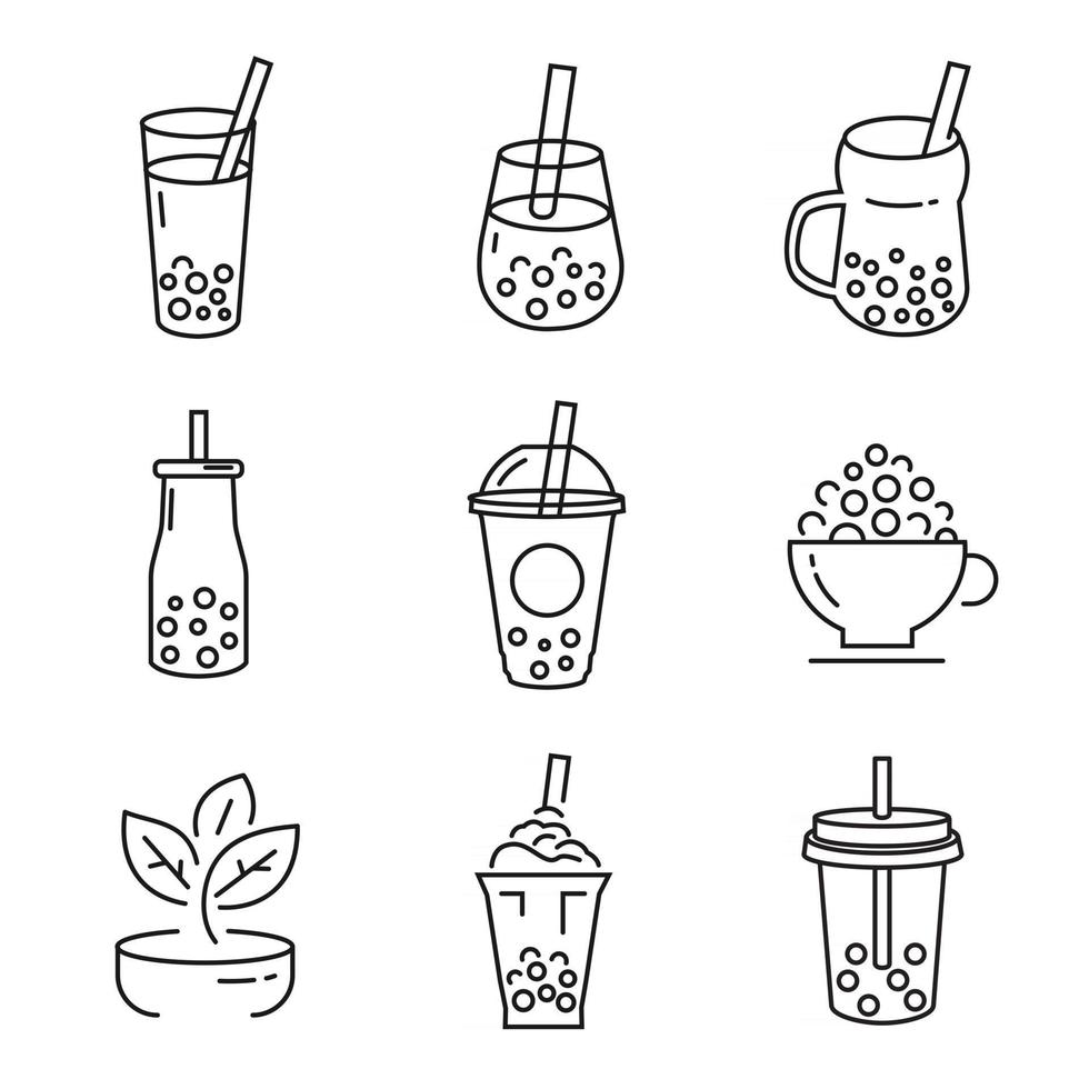 Milchtee-Symbol, Perlenmilchtee, taiwanischer Milchtee, leckere Getränke, Kaffee und alkoholfreie Getränke mit Symbolsatz im Doodle-Stil. - Vektor