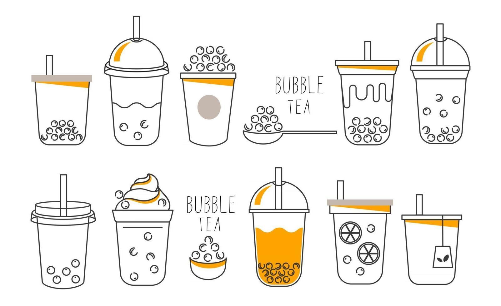 mjölk te ikon, pärlemjölk te, taiwan mjölk te, smaskiga drycker, kaffe och läsk med doodle stil Ikonuppsättning. - vektor