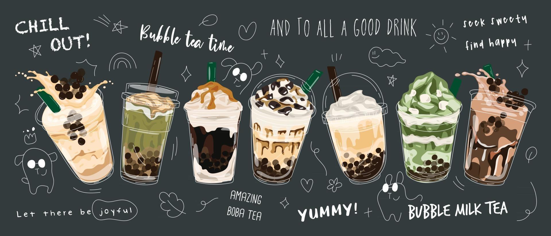 Bubble Milk Tea Sonderaktionen Design, Boba Milk Tea, Pearl Milk Tea, leckere Getränke, Kaffee und alkoholfreie Getränke mit Logo und süßem lustigem Doodle-Werbebanner. Vektor-Illustration. vektor