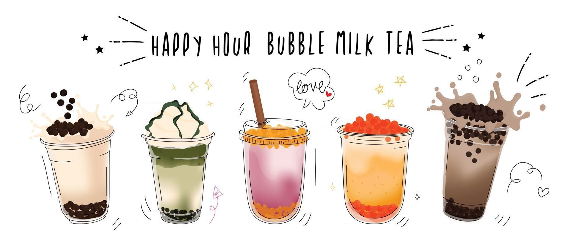 Bubble Milk Tea Design Collection, Perlenmilchtee, Boba Milchtee, leckere Getränke, Kaffee mit Doodle-Stil-Banner, Vektorgrafik. vektor