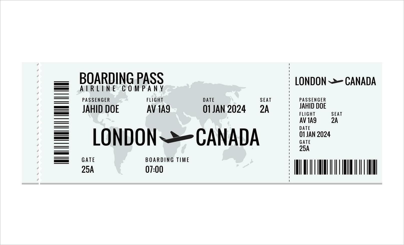 realistisch Fluggesellschaft Fahrkarte Design mit Passagier Name. Vektor Illustration auf Weiß Hintergrund.