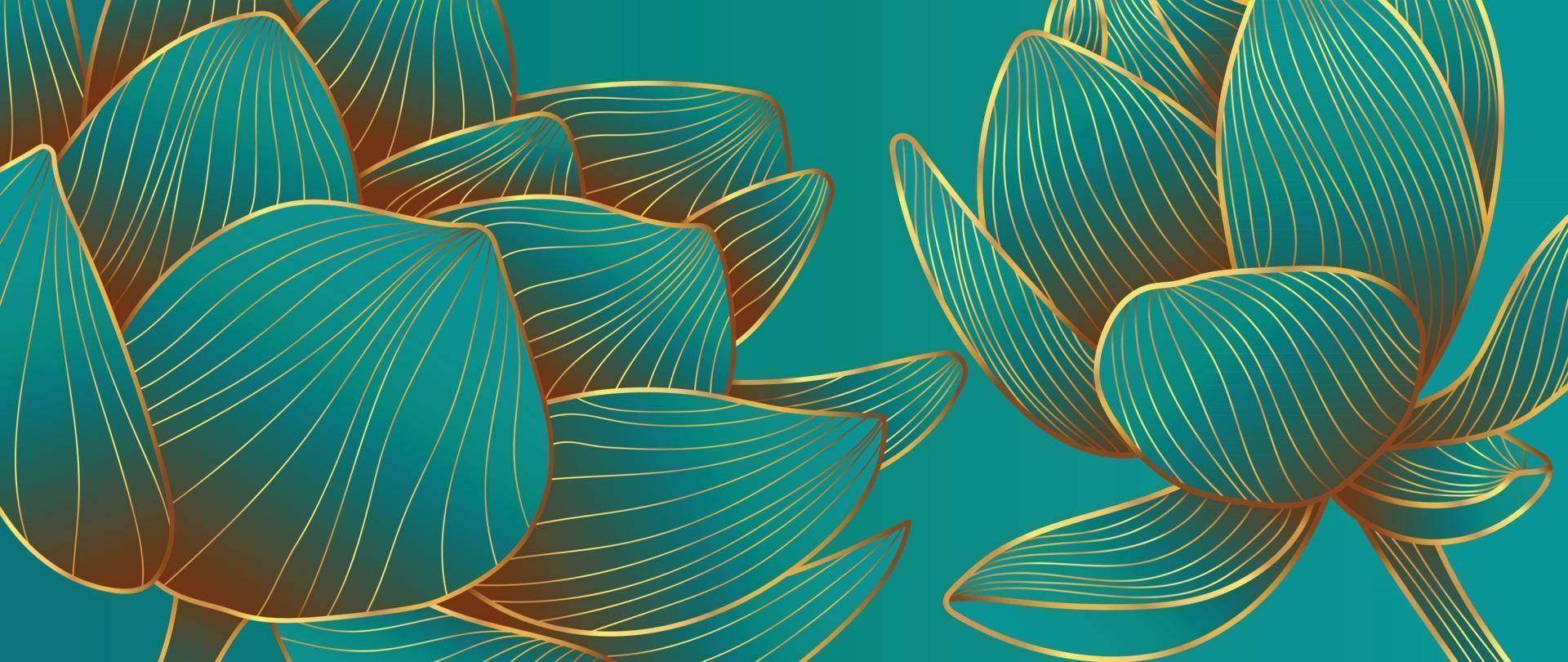 Luxus-Gold-Lotus-Hintergrund-Vektor. Zen-Tapetenkollektion mit goldener Lotuslinie. Design für Yoga-Banner, Luxus-Cover-Design und Einladung, Einladung, Banner, Naturprodukt-Verpackungsdesign. vektor